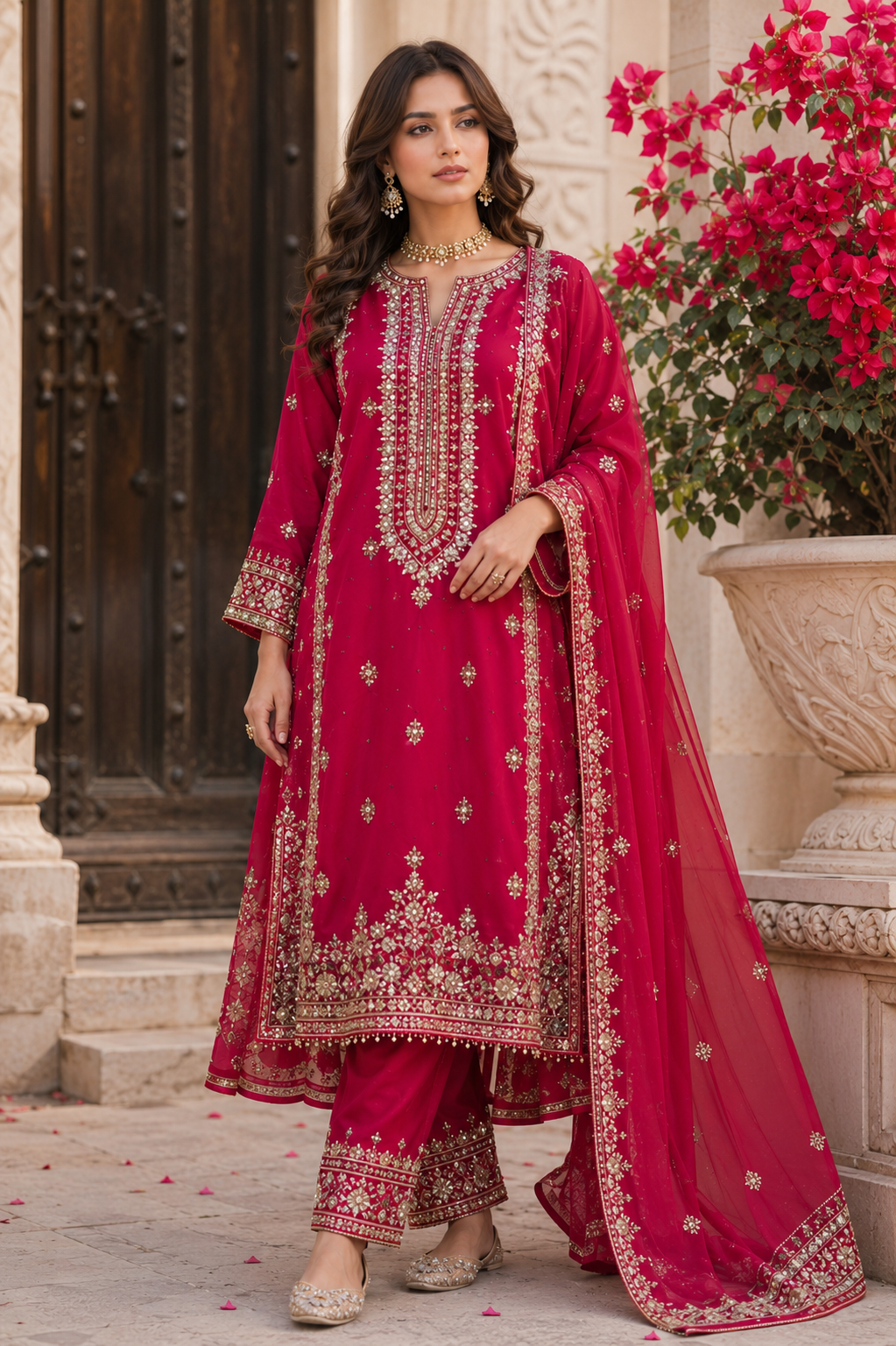 Woman wearing magenta embellished kurta with matching trousers and dupatta