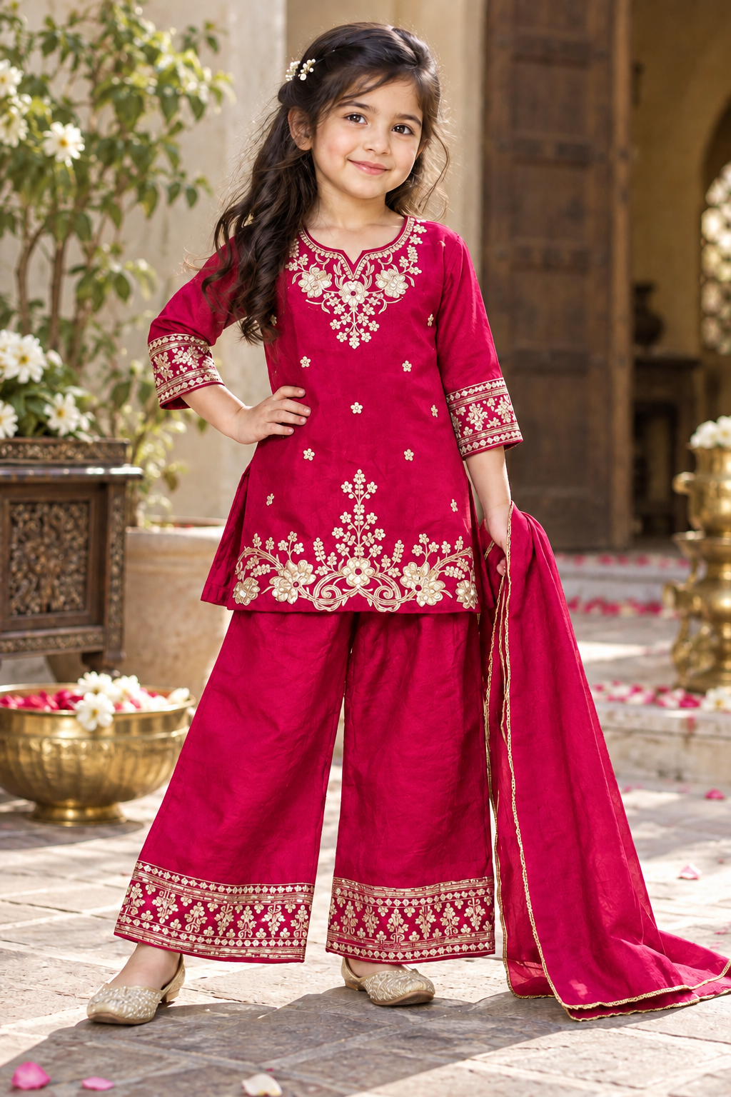 Girl wearing magenta floral kurta and wide-leg trousers with matching drape