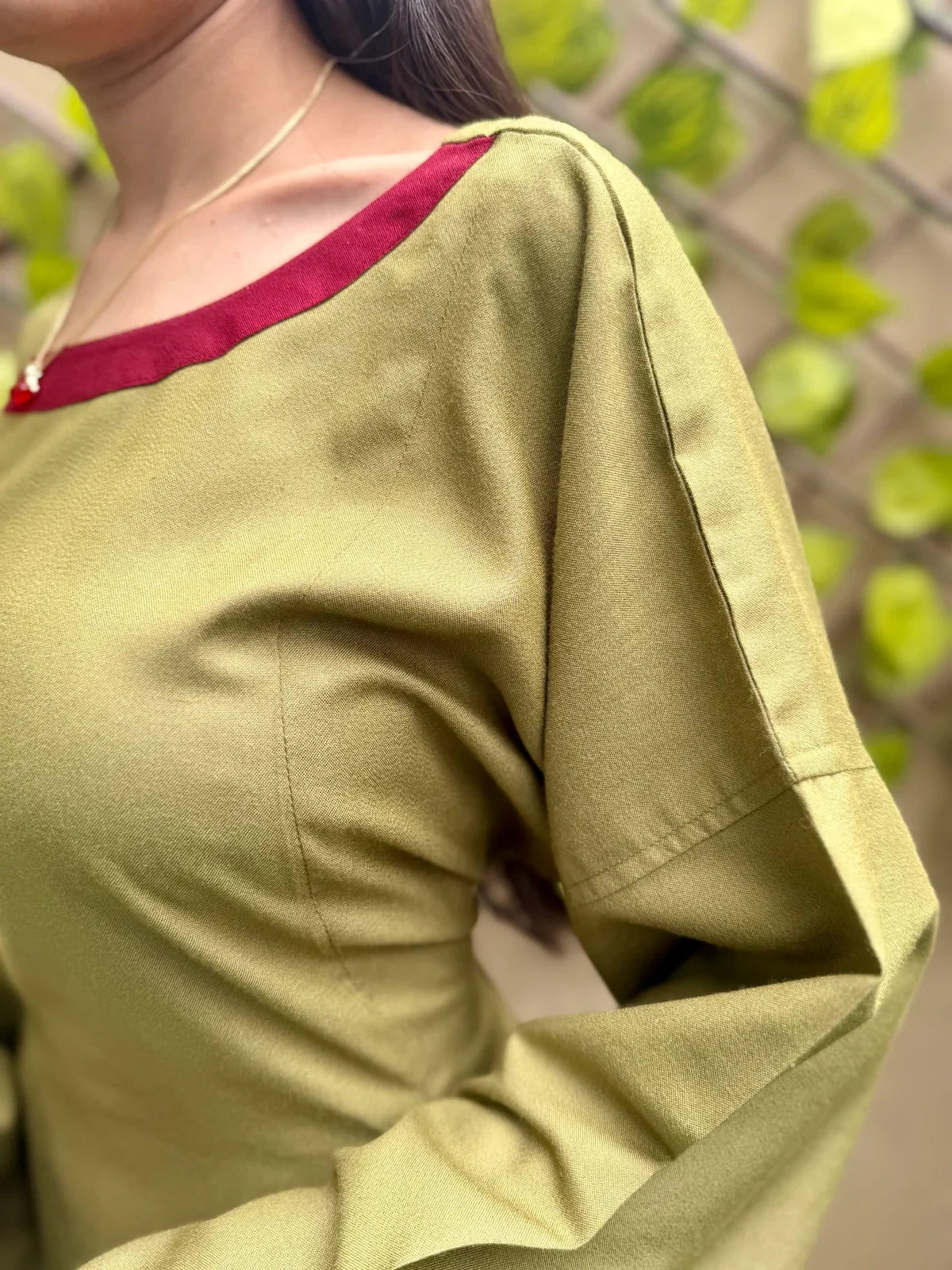 Olive Green Kurta with Maroon Trim