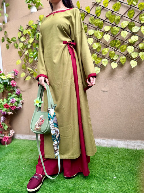 Olive Green Kurta with Maroon Trim