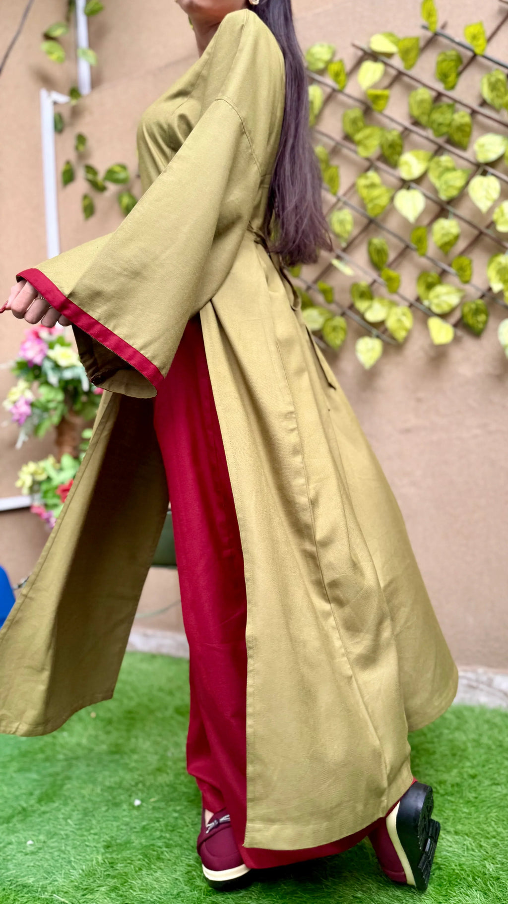 Olive Green Kurta with Maroon Trim