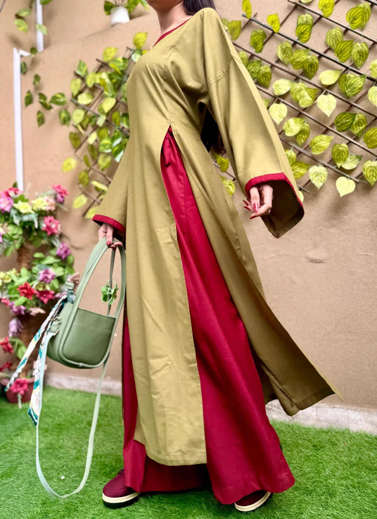 Olive Green Kurta with Maroon Trim
