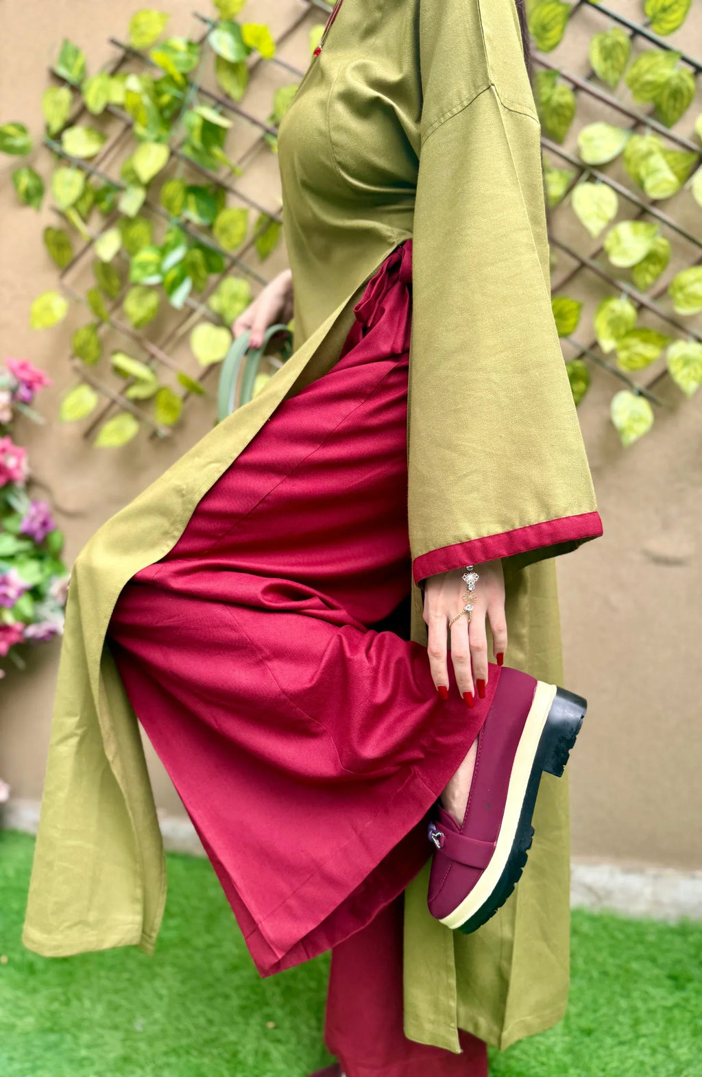 Olive Green Kurta with Maroon Trim