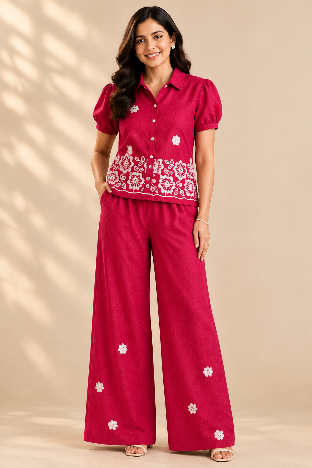 Digitally generated concept of women's magenta floral top and wide-leg trouser set