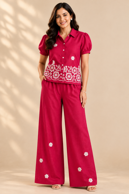 Digitally generated concept of women's magenta floral top and wide-leg trouser set